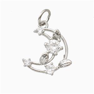Copper Moom Pendant Pave Zirconia Leaf Platinum Plated, approx 11-13mm