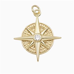Copper Compass Pendant Pave Zirconia Gold Plated, approx 22mm