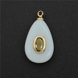 White Dye Jade Teardrop Pendant Pave Zirconia, approx 10-16mm