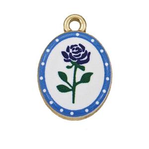 Alloy Oval Pendant Flower Painted Gold Plated, approx 14-17mm