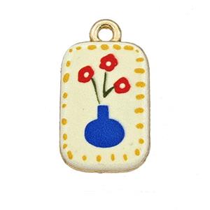 Alloy Rectangle Pendant Flower Painted Gold Plated, approx 11-17mm