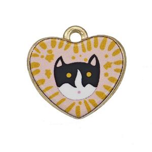 Alloy Heart Pendant Cat Painted Gold Plated, approx 15-18mm