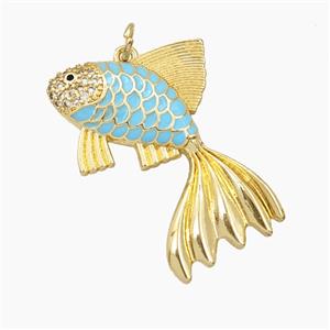 Copper Fish Pendant Pave Zirconia Blue Enamel Gold Plated, approx 30mm