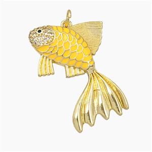Copper Fish Pendant Pave Zirconia Yellow Enamel Gold Plated, approx 30mm