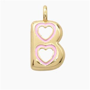 Copper Letter-B Pendant Pink Enamel Heart Gold Plated, approx 11-18mm