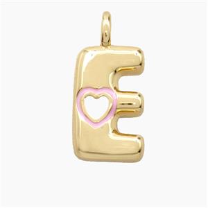 Copper Letter-E Pendant Pink Enamel Heart Gold Plated, approx 11-18mm