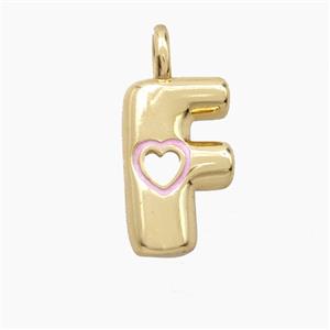 Copper Letter-F Pendant Pink Enamel Heart Gold Plated, approx 11-18mm