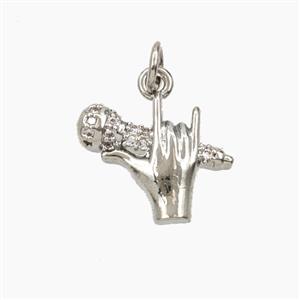 Copper Microphone Hand Pendant Pave Zirconia Platinum Plated, approx 13-16mm
