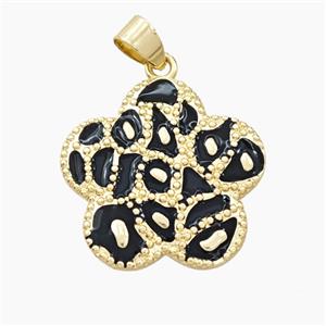 Copper Flower Pendant Black Enamel Bohemia Style Gold Plated, approx 25mm