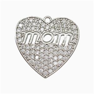 Copper Heart Pendant Pave Zirconia Mom Platinum Plated, approx 21mm