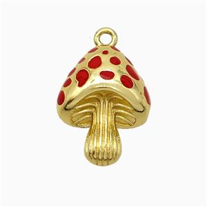 Copper Mushroom Pendant Red Enamel Gold Plated, approx 16-21mm