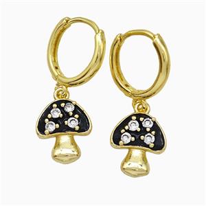 Copper Mushroom Hoop Earrings Pave Zirconia Black Enamel Gold Plated, approx 11-13mm, 14mm dia