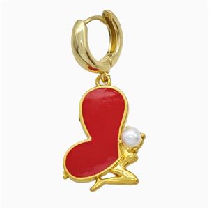 Copper Fairy Hoop Earrings Pave Pearlized Resin Red Enamel Gold Plated, approx 18-25mm, 15mm dia