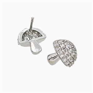 Copper Mushroom Stud Earrings Pave Zirconia Platinum Plated, approx 11mm