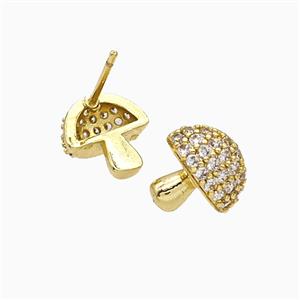 Copper Mushroom Stud Earrings Pave Zirconia Gold Plated, approx 11mm