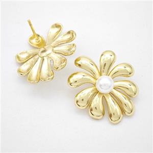 Copper Flower Stud Earrings Pave Pearlized Resin Gold Plated, approx 22-24mm