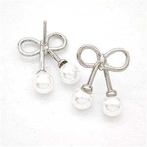 Copper Bowknot Stud Earrings Pave Pearlized Resin Platinum Plated, approx 14-18mm