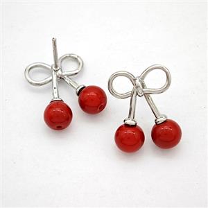 Copper Bowknot Stud Earrings Pave Red Pearlized Resin Platinum Plated, approx 14-18mm