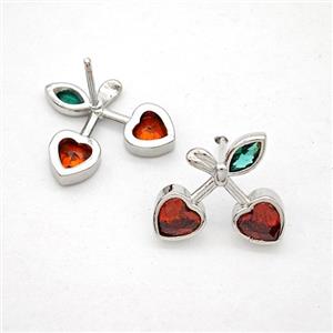 Copper Cherry Stud Earrings Pave Zirconia Platinum Plated, approx 14-15mm