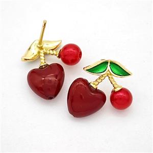 Copper Cherry Stud Earrings Pave Red Pearlized Resin Gold Plated, approx 17-18mm