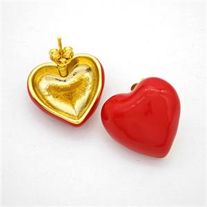 Copper Heart Stud Earrings Red Enamel Gold Plated, approx 20mm