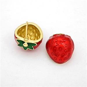Copper Strawberry Stud Earrings Red Painted Gold Plated, approx 13-14mm