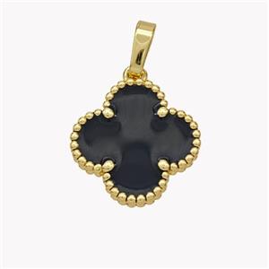 Copper Clover Pendant Black Enamel 18K Gold Plated, approx 16mm