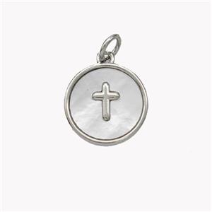 Copper Cross Pendant Pave Shell Circle Platinum Plated, approx 13mm