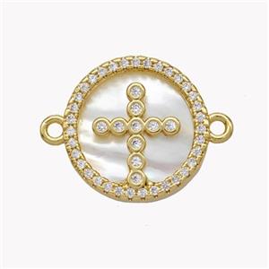 Copper Cross Connector Pave Shell Zirconia Circle 18K Gold Plated, approx 17mm