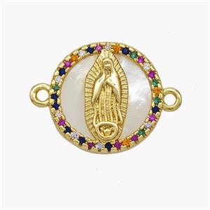 Copper Jesus Connector Pave Shell Zirconia Circle 18K Gold Plated, approx 17mm