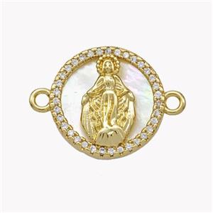 Copper Virgin Mary Connector Pave Shell Zirconia Circle 18K Gold Plated, approx 17mm