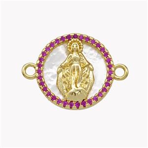 Copper Virgin Mary Connector Pave Shell Zirconia Circle 18K Gold Plated, approx 17mm