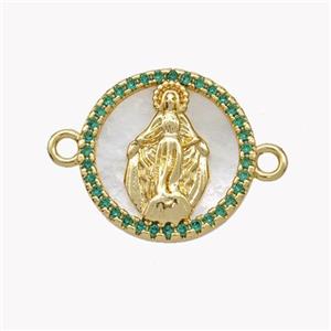 Copper Virgin Mary Connector Pave Shell Zirconia Circle 18K Gold Plated, approx 17mm