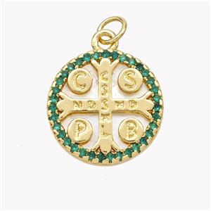 Saint Bendict Charms Copper Cross Pendant Pave Shell Zirconia CSSML NDSMD 18K Gold Plated, approx 17mm