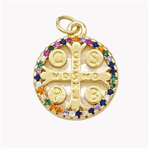 Saint Bendict Charms Copper Cross Pendant Pave Shell Zirconia CSSML NDSMD 18K Gold Plated, approx 17mm