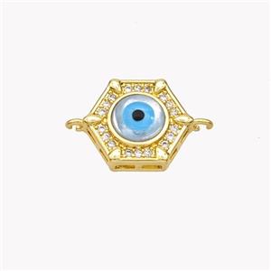 Copper Hexagon Connector Pave Shell Zirconia Evil Eye 18K Gold Plated, approx 12mm