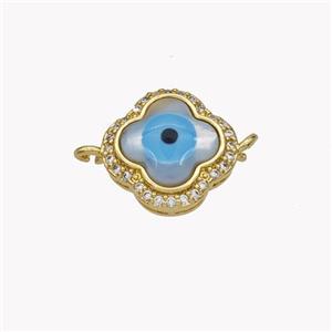 Copper Clover Connector Pave Shell Zirconia Evil Eye 18K Gold Plated, approx 13mm