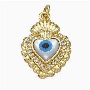 Copper Heart Pendant Pave Shell Zirconia Evil Eye 18K Gold Plated, approx 17-26mm