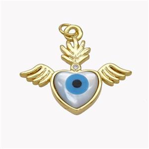 Copper Angel Wings Pendant Pave Shell Heart Evil Eye 18K Gold Plated, approx 20-26mm