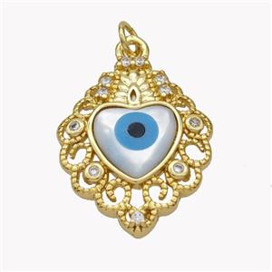 Copper Heart Pendant Pave Shell Zirconia Evil Eye 18K Gold Plated, approx 20-25mm