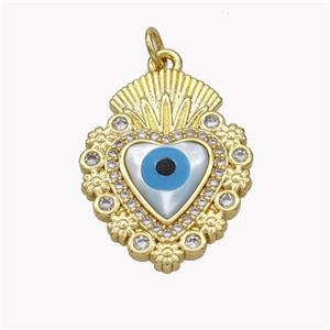 Copper Heart Pendant Pave Shell Zirconia Evil Eye 18K Gold Plated, approx 20-26mm