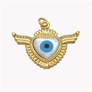 Copper Heart Pendant Pave Shell Zirconia Evil Eye 18K Gold Plated, approx 20-30mm