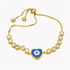 Copper Eveil Eye Heart Bracelet Pave Zirconia Adjustable 18K Gold Plated, approx 11.5mm, 5mm, 24cm length