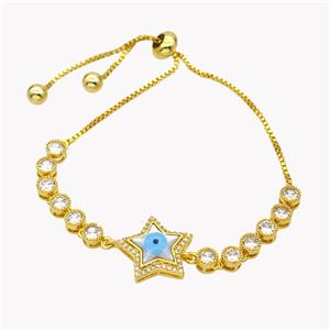 Copper Eveil Eye Star Bracelet Pave Zirconia Adjustable 18K Gold Plated, approx 16mm, 5mm, 24cm length