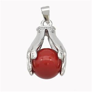 Copper Hand Pendant Pave Pearlized Resin Ball Red Platinum Plated, approx 16mm, 20-25mm