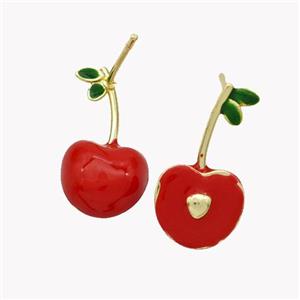 Copper Cherry Stud Earrings Red Enamel Gold Plated, approx 11-20mm