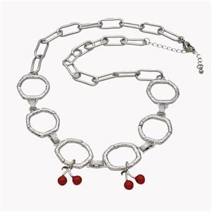 Copper Necklace With Cherry Red Enamel Platinum Plated, approx 10-15mm, 20mm, 44-49cm length