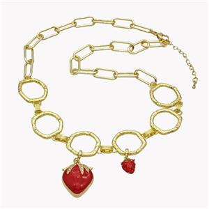 Copper Necklace With Strawberry Red Enamel Gold Plated, approx 8-10mm, 18-22mm, 44-49cm length