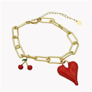 Copper Bracelet With Red Enamel Heart Cherry Gold Plated, approx 10-14mm, 20-25mm, 19-24cm length