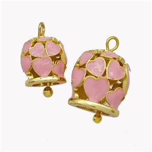 Copper Bell Pendant Pink Enamel Heart Gold Plated, approx 10mm